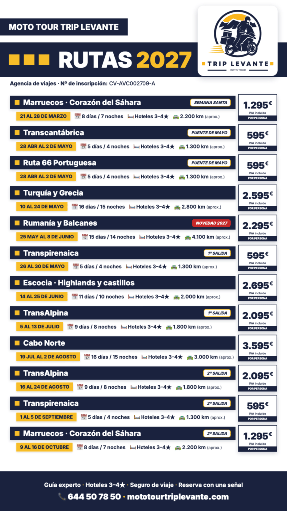 Calendario de rutas en moto 2027 de Moto Tour Trip Levante con fechas y precios