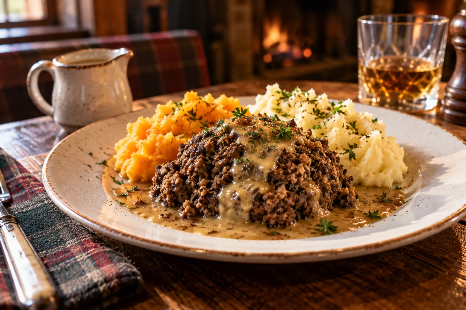 Haggis con neeps and tatties