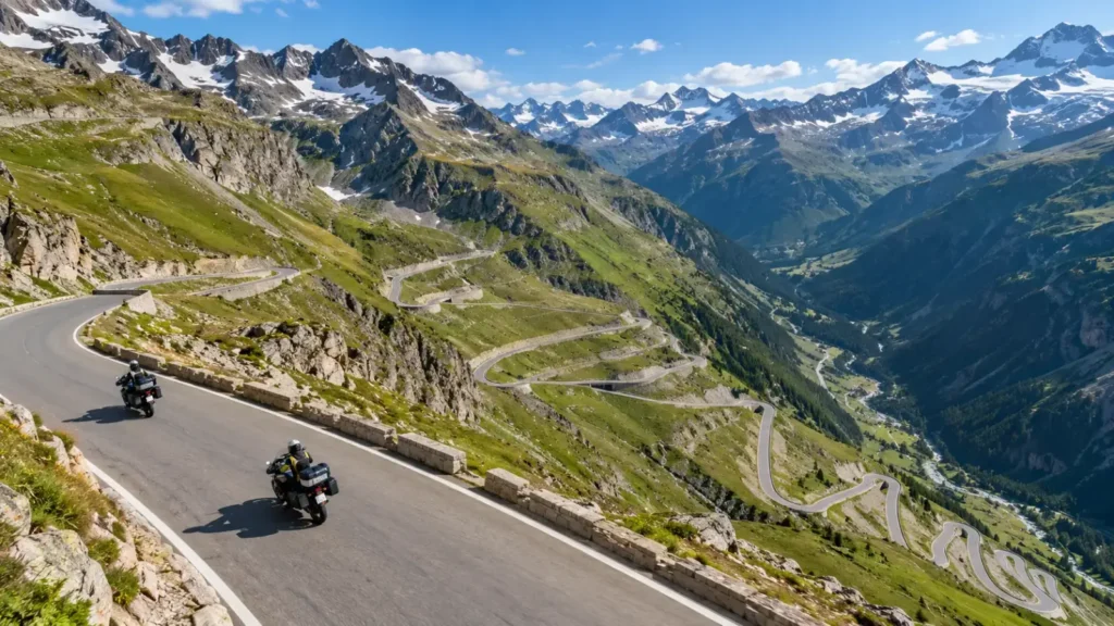 Motos subiendo un puerto de los Alpes con curvas de herradura