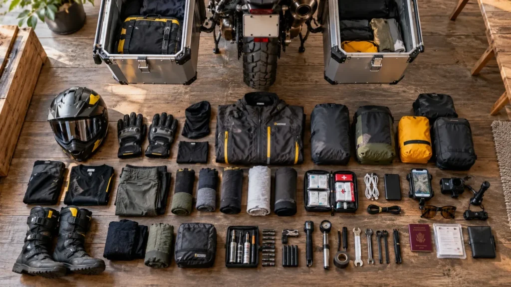 Equipaje organizado para un viaje en moto de varios días