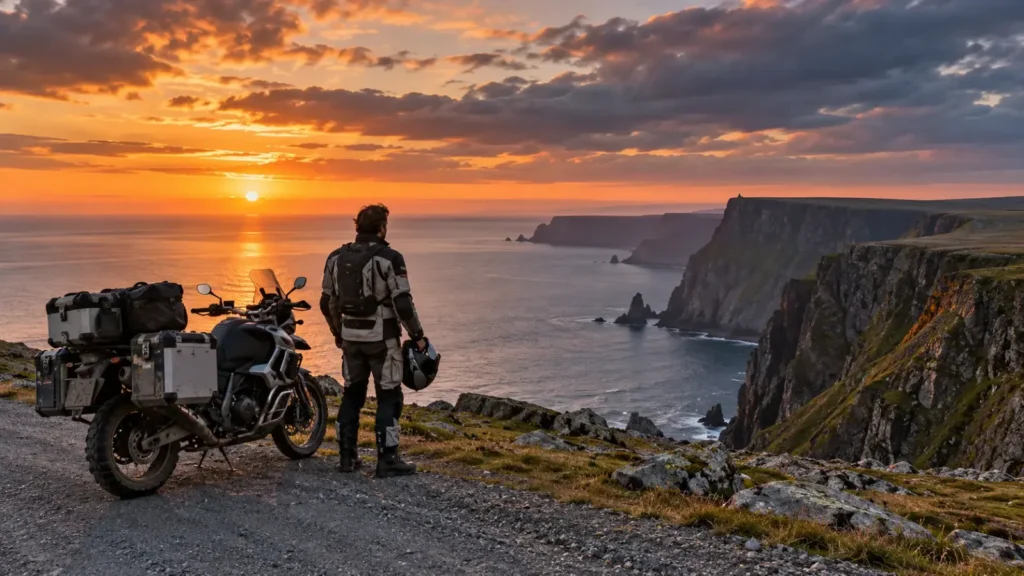 Moto de viaje junto a los acantilados de Cabo Norte con el sol de medianoche