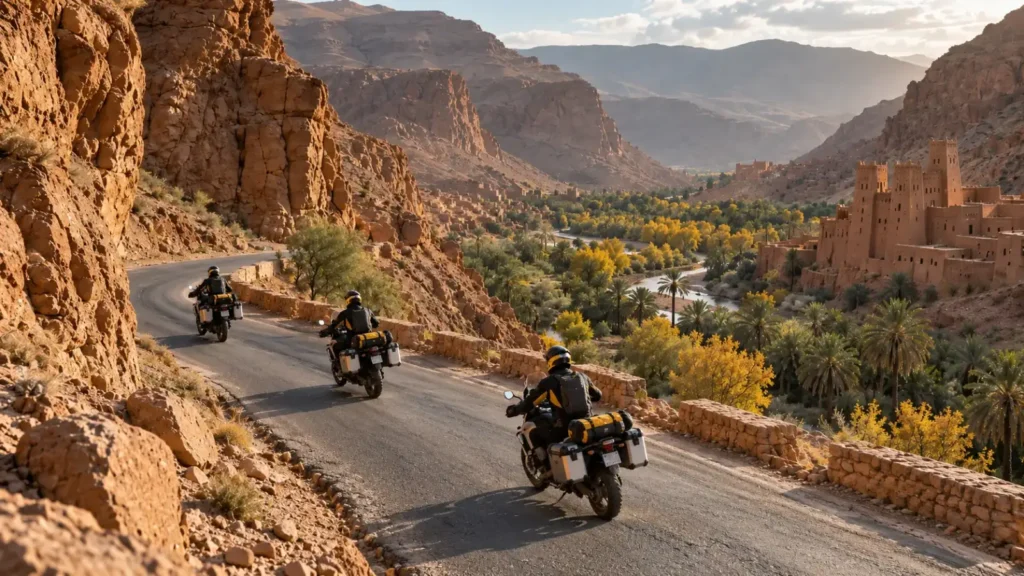 Grupo de moteros recorriendo la garganta del Dades en Marruecos